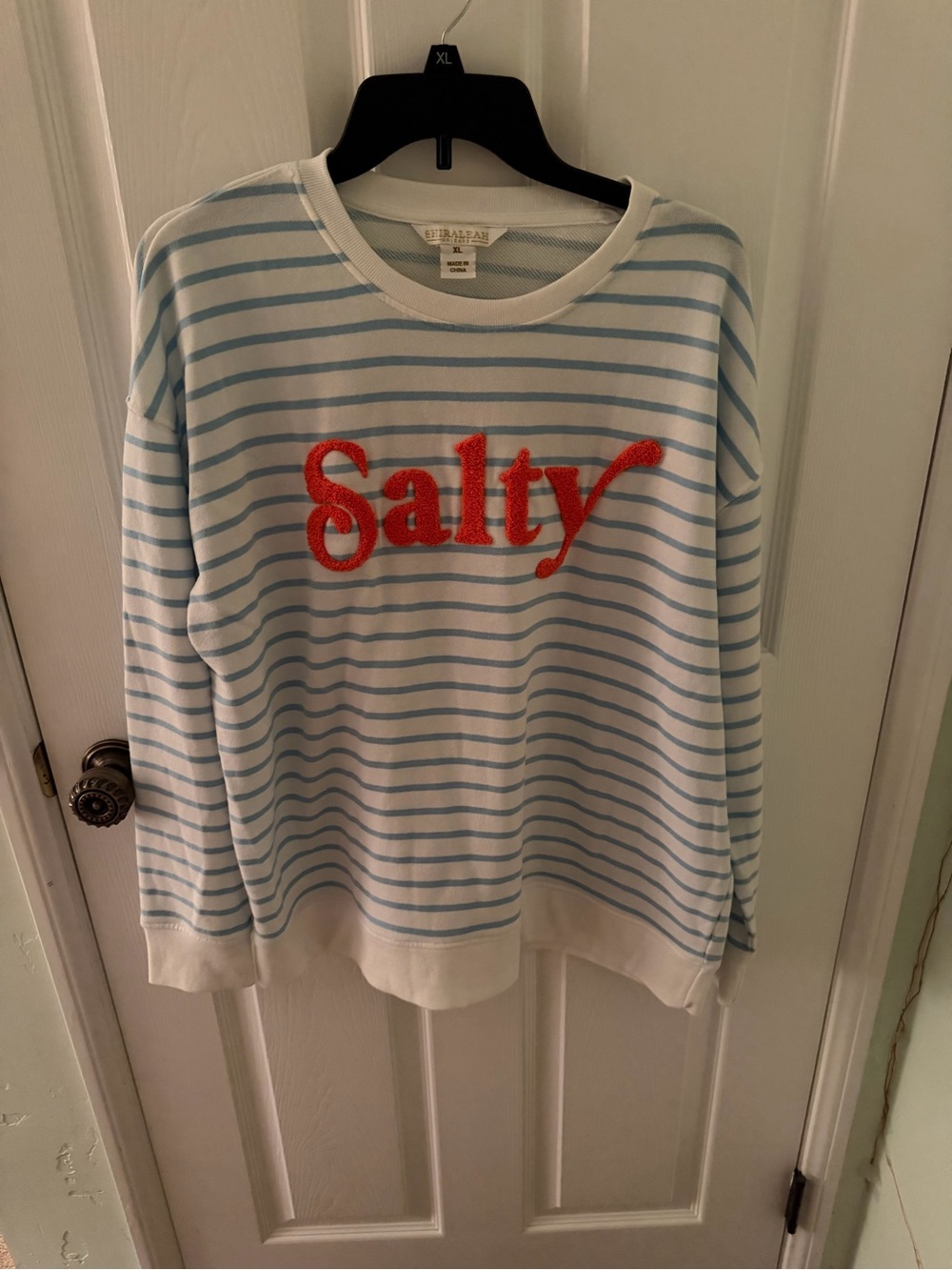 “Salty” Blue and White Striped Sweatshirt Size XL by:  Shiraleah